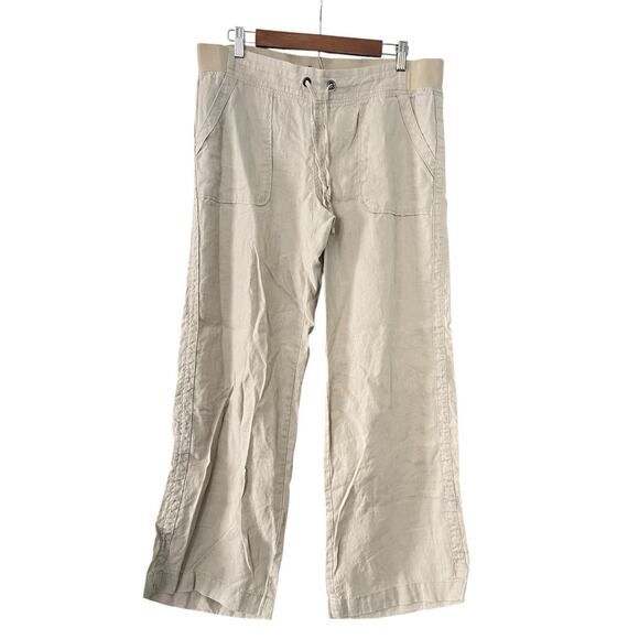 Athleta Linen Pants •14 P• Straight Wide Leg Beige Pull On Lower Rise Beach Tan - Picture 2 of 10